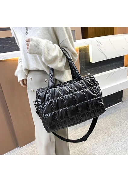 Siyah Omuz Çantası Stili Kış Tote 2021NEW Omuz Çantası Kadın Çanta Uzay Pedi Pamuk Tüy Aşağı Çanta Moda Bayan Büyük Kapasiteli Crossbody Çanta (Yurt Dışından)