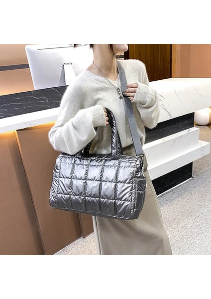 Siyah Omuz Çantası Stili Kış Tote 2021NEW Omuz Çantası Kadın Çanta Uzay Pedi Pamuk Tüy Aşağı Çanta Moda Bayan Büyük Kapasiteli Crossbody Çanta (Yurt Dışından)