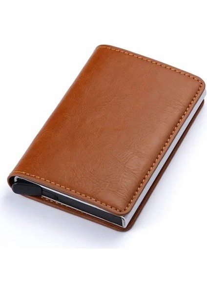 X-12A Kahverengi Stil Zovyvol Alüminyum Cüzdan Metal Kredi Kartı Tutacağı Otomatik Elastik Pu Deri Hırsızlığa Karşı Rfid Engelleme Cüzdan Pasaport Tutucu Erkekler (Yurt Dışından)