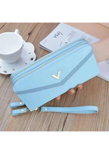Mavi V V 697 Stili Kadın Cüzdan Moda V Bayanlar Cep Telefonu Çantası Uzun Bayanlar Yeni Debriyaj Çanta Yıldız Çift Fermuarlı El Askılı Çanta Çoklu Kol (Yurt Dışından)
