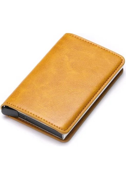 X-12B Sarı Stil Zovyvol Alüminyum Cüzdan Metal Kredi Kartı Tutacağı Otomatik Elastik Pu Deri Hırsızlığa Karşı Rfid Engelleme Cüzdan Pasaport Tutucu Erkekler (Yurt Dışından)