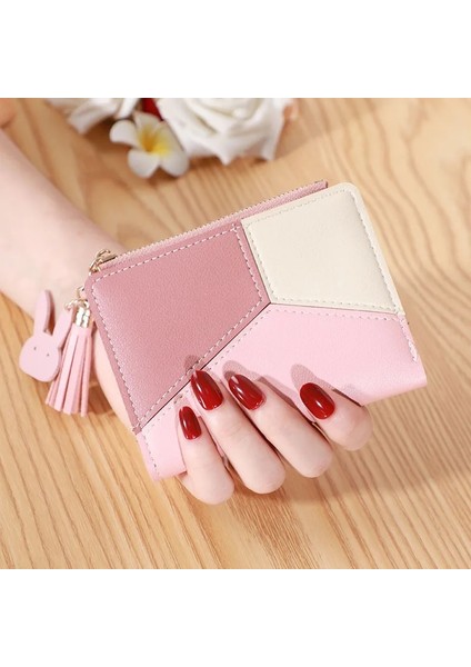 Kısa Pembe 12CM Stili Geometrik Patchwork Kadın Cüzdan Pu Deri Uzun Fermuar Bilek Çantalar Püskül Tasarım Debriyaj Sonsuza Kadar Genç Kadın Kart Sahibinin (Yurt Dışından)