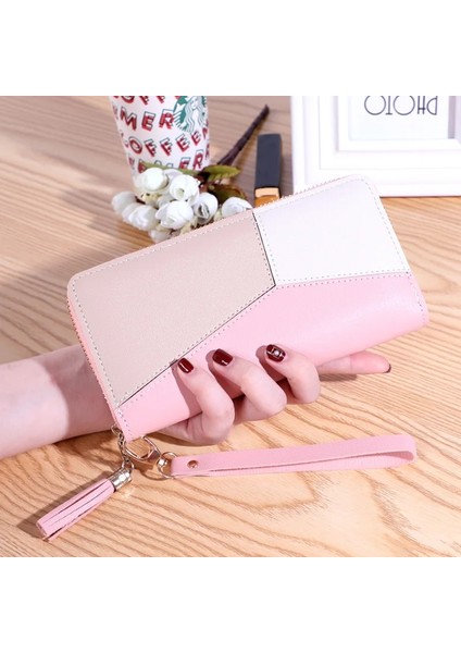 Kısa Pembe 12CM Stili Geometrik Patchwork Kadın Cüzdan Pu Deri Uzun Fermuar Bilek Çantalar Püskül Tasarım Debriyaj Sonsuza Kadar Genç Kadın Kart Sahibinin (Yurt Dışından)