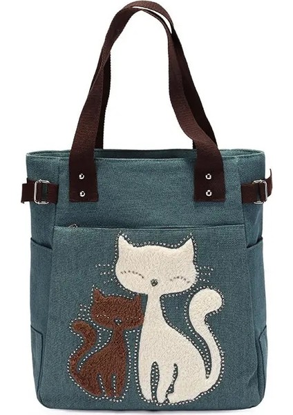 Yeşil Stil Ranhuang Kadın Kanvas Çanta Sevimli Kedi Tote Çanta Bayan Rahat Çanta Omuz Çantaları Kadın Moda Çanta Bolsas Feminina (Yurt Dışından)