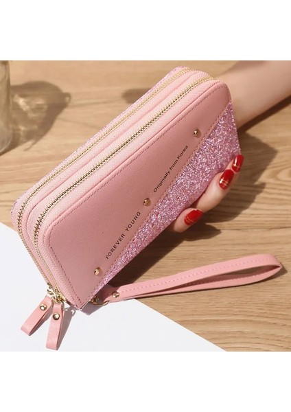 Bir Fermuar Pembe Tarzı Kadın Cüzdanları Bayan Uzun Para Çantaları Kart Sahibi Kadın Çift Fermuarlı Çantalar Billfold Cüzdan Burse Bileklik Para Çantaları Cep (Yurt Dışından) fiyatları