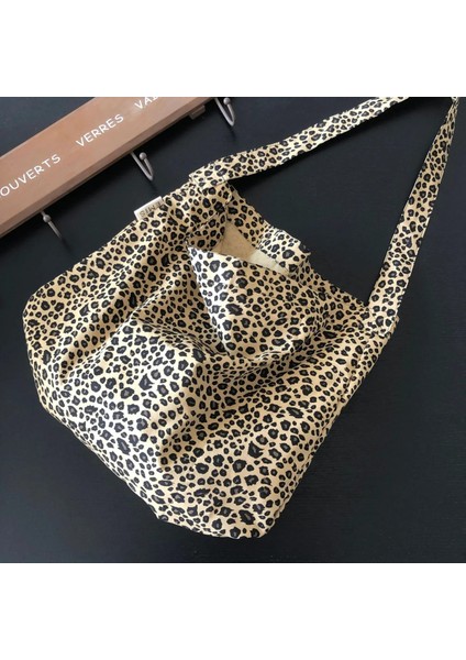 Kahverengi Leopar Tarzı 45X35CM Leopar Desen Kadın Tuval Omuz Messenger Çanta Öğrenci Kız Okul Tote Çanta Büyük Kapasiteli Bayanlar Eko Alışveriş Çantası (Yurt Dışından)