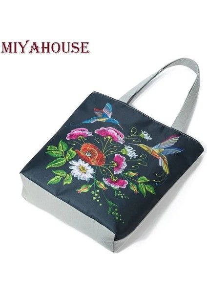 HL0069 Style Miyahouse Renkli Çiçek ve Kuş Baskı Omuz Çantası Kadın Lmitation Nakış Rahat Bez Çanta Kadın Kanvas Bayan Çanta (Yurt Dışından)
