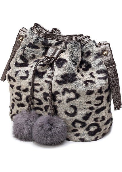 Gri Leopar Tarzı 25X24X13CM Moda Sonbahar Kış Kadın Omuz Çantası Leopar Peluş Kürk Tüylü Bayanlar Crossbody Çanta Kadın Püskül Topu Tote Bolsos Mujer Yeni (Yurt Dışından)