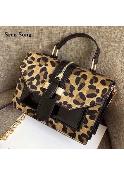 Siyah Stil 20X9X15 cm Leopar Çapraz Çanta Fermuarlı Bayan Zincir Çanta ve Çantalar Rugan Küçük Omuz Çantası (Yurt Dışından)