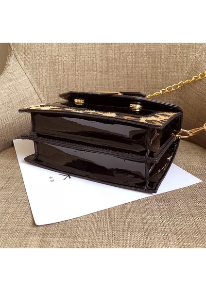 Siyah Stil 20X9X15 cm Leopar Çapraz Çanta Fermuarlı Bayan Zincir Çanta ve Çantalar Rugan Küçük Omuz Çantası (Yurt Dışından)