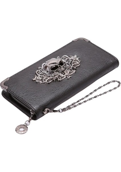 Siyah Kafatası Stili Kadın Cüzdan Moda Bayan Bileklik Çanta Uzun Para Çantası Fermuar Bozuk Para Cüzdanı Kartları Kımlık Tutucu Kadın Metal Kafatası Desen Cüzdan (Yurt Dışından)