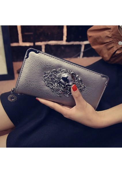 Siyah Kafatası Stili Kadın Cüzdan Moda Bayan Bileklik Çanta Uzun Para Çantası Fermuar Bozuk Para Cüzdanı Kartları Kımlık Tutucu Kadın Metal Kafatası Desen Cüzdan (Yurt Dışından) modelleri