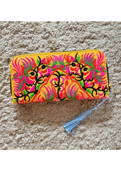 Sarı Stil Etgh Kapasiteli Fermuar Tavuskuşu Nakış Kadın Uzun Cüzdan Retro Rahat Kanvas Bozuk Para Cüzdanı Debriyaj Telefon Çantaları (Yurt Dışından)