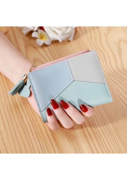 Kısa Mavi Stil Geometrik Patchwork Pu Deri Kadın Uzun Kore Tarzı Zıt Renkli Fermuar Püskül Büyük Hacimli Cüzdan Kadın Kart Sahibinin (Yurt Dışından)