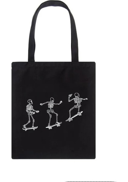 No.1 Tarzı 20X25CM Kaykay Üzerinde Iskelet Kanvas Çanta Rahat Harajuku Moda Büyük Kapasiteli Alışveriş Çantası Kadın Çantası Karikatür Eğlenceli Kadın Omuz Çantaları (Yurt Dışından)