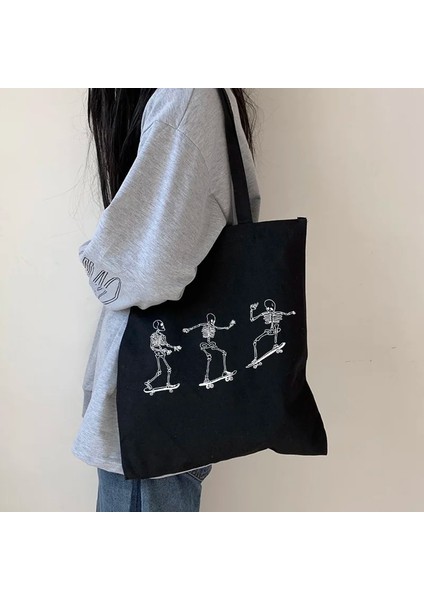 No.1 Tarzı 20X25CM Kaykay Üzerinde Iskelet Kanvas Çanta Rahat Harajuku Moda Büyük Kapasiteli Alışveriş Çantası Kadın Çantası Karikatür Eğlenceli Kadın Omuz Çantaları (Yurt Dışından) modelleri