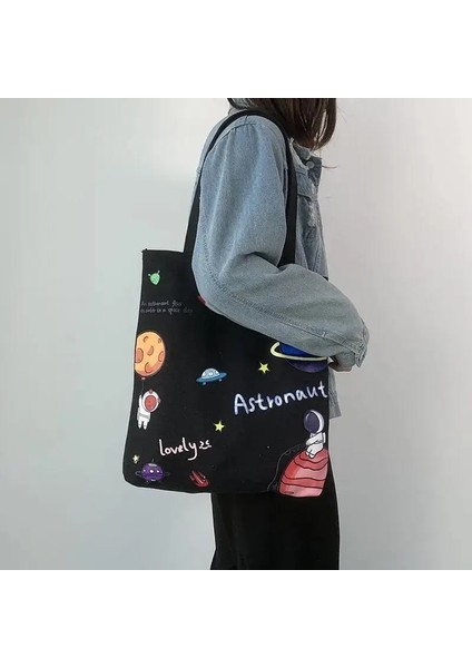 Fei Die Bir Stil Kadın Omuz Çantası Anvas Tote Çanta Kız Moda Fermuar ile Basit Büyük Kapasiteli Alışveriş Çantası Geniş Yıldızlı Gökyüzü Baskı Çanta (Yurt Dışından)