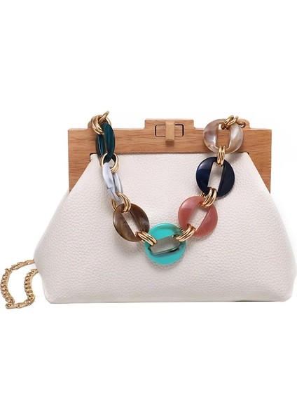 Beyaz Stil 25X11X18CM Ahşap Altın Klipsli Çanta Tasarımcısı Yeni Kişilik Ahşap Klipsli Messenger Çanta Renk Dain Kadın Omuz Çantası (Yurt Dışından)