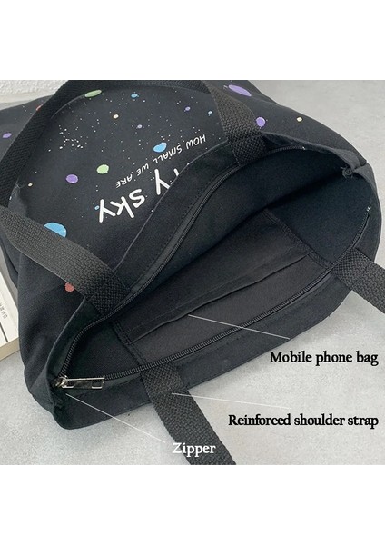 Fei Die Bir Stil Kadın Omuz Çantası Anvas Tote Çanta Kız Moda Fermuar ile Basit Büyük Kapasiteli Alışveriş Çantası Geniş Yıldızlı Gökyüzü Baskı Çanta (Yurt Dışından) indirimleri