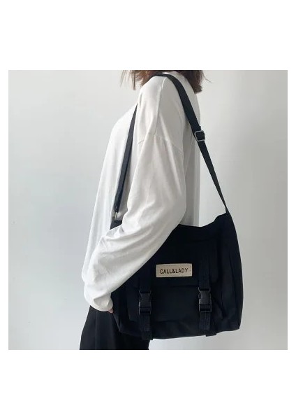 Siyah Stil Naylon Su Geçirmez Kanvas Okul Çantası Şık Japon Tarzı Basit Postacı Çantası Kore Postacı Çantası (Yurt Dışından)