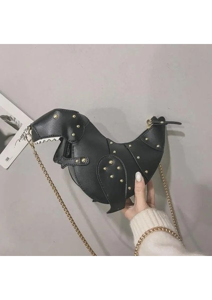 Siyah Stil Moda Dinozor Tasarım Perçinler Pu Deri Kızın Zincir Çanta Omuz Çantası Tote Bayanlar Crossbody Mini Messenger Çanta Flap (Yurt Dışından)