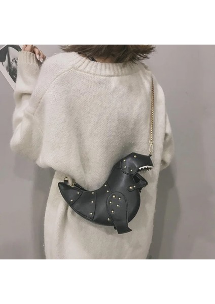 Siyah Stil Moda Dinozor Tasarım Perçinler Pu Deri Kızın Zincir Çanta Omuz Çantası Tote Bayanlar Crossbody Mini Messenger Çanta Flap (Yurt Dışından) fırsatları