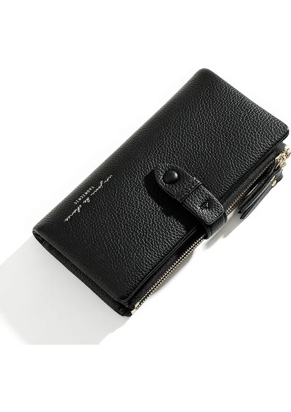 Siyah Stil Basit Düz Renk Kat Uzun Debriyaj Cüzdan Kadın Kart Sahibinin Yumuşak Pu Pleather Fermuarlı Cep Çanta Küçük Seyahat Cüzdanı Bayanlar (Yurt Dışından)