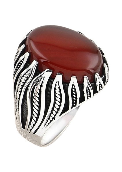 Erkek Yüzük Gümüş 925 Kıvrılan Desenli Oval Taşlı