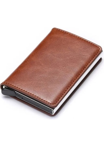 X-12B Kahverengi Stil Zovyvol Alüminyum Cüzdan Metal Kredi Kartı Tutacağı Otomatik Elastik Pu Deri Hırsızlığa Karşı Rfid Engelleme Cüzdan Pasaport Tutucu Erkekler (Yurt Dışından)