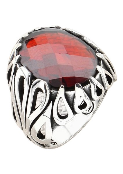 Erkek Yüzük Gümüş 925 Damlacıklı Motifli Oval Taşlı