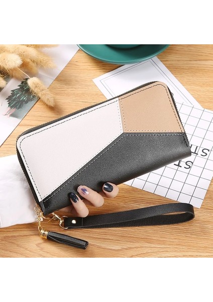 Pembe Tarzı Zıt Renkli Dikiş Kadın Cüzdanı Fermuar Püskül Uzun Cüzdan Kadın Telefon Cebi Çanta Debriyaj Madeni Para Kredi Kartı Tutacağı (Yurt Dışından)