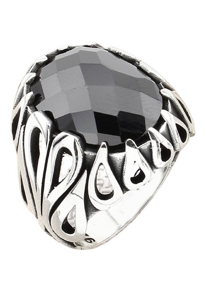 Erkek Yüzük Gümüş 925 Damlacıklı Motifli Oval Taşlı