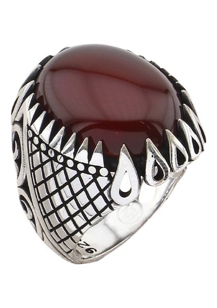 Erkek Yüzük Gümüş 925 Izgara Damla Desenli Oval Taşlı