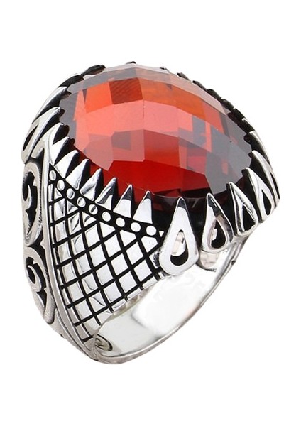 Erkek Yüzük Gümüş 925 Izgara Damla Desenli Oval Taşlı