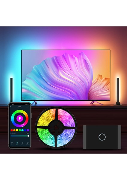 CSG90B, (66-85" Tvler) HDMI Bağlantılı Görüntü ve Ortam Sesi ile Senkronize Tv Arkası Rgbıc LED Işıklandırma Seti (+2 Adet Dekoratif LED Bar) , HDMI Sync Box Pro Set