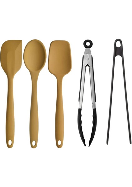 Sarı Yanmaz Yapışmaz Silikon Düz Yassı Spatula Kaşık 3 Adet Siyah Metal ve Silikon Uçlu Maşa 2 Adet