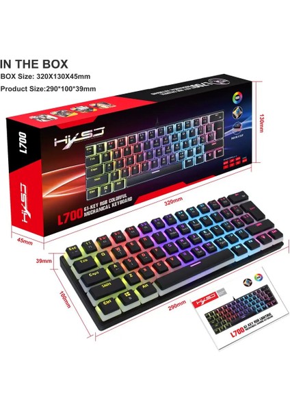 Blue Switch Mekanik Oyuncu Klavye - 61Key Full RGB Pudding Keycap Mavi Tuş HXSJ L700