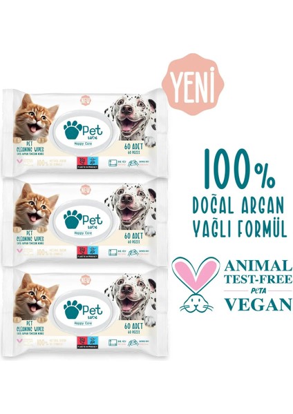 Evcil Hayvan Temizleme Mendili Doğal Argan Yağlı 3 x 60 Adet