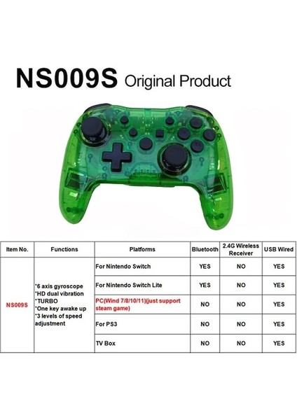 Kristal Yeşil-Bluetooth Kablosuz Şeffaf Denetleyici Nintendo Anahtarı Pc Ps3 Joystick Hd Çift Titreşim Turbo 6 Eksen Jiroskop Gamepad (Yurt Dışından)