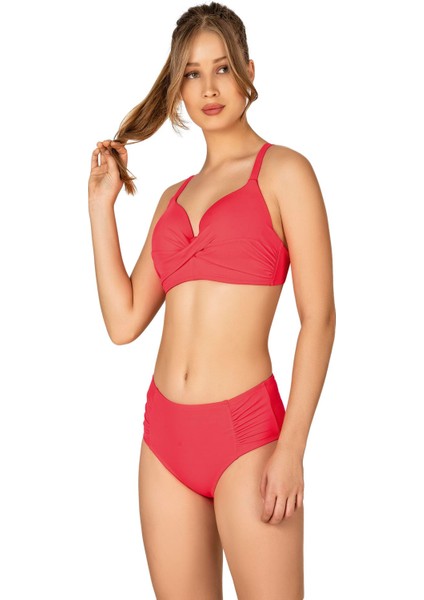 Kadın Büyük Beden Destekli Büzgü Detaylı Nar Çiçeği Bikini Takımı