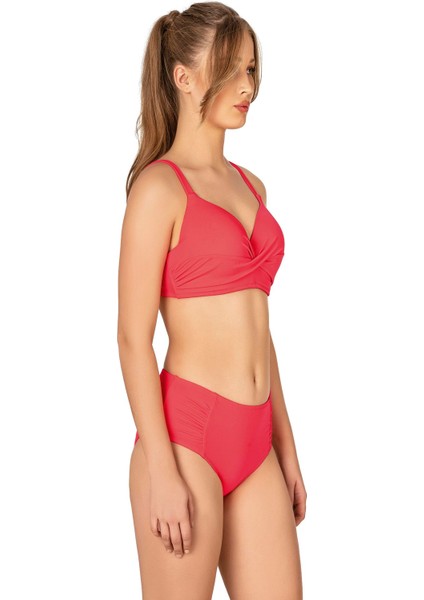 Kadın Büyük Beden Destekli Büzgü Detaylı Nar Çiçeği Bikini Takımı modelleri