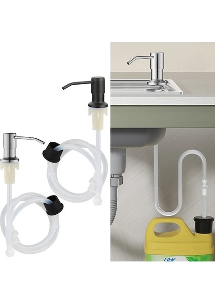 SET2-350ML-BLACK-304 Paslanmaz Çelik Mutfak Lavabo Sabunluk Uzatma Tüpü Bulaşık Sabunu Basın Pompası Kafa Çıkış Kafası Genişletici 350/500 ml (Yurt Dışından)