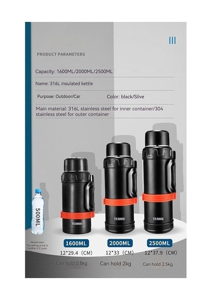 Hyt-Portable Outdoor Kamp 1600ML Paslanmaz Çelik Termos - Siyah (Yurt Dışından)