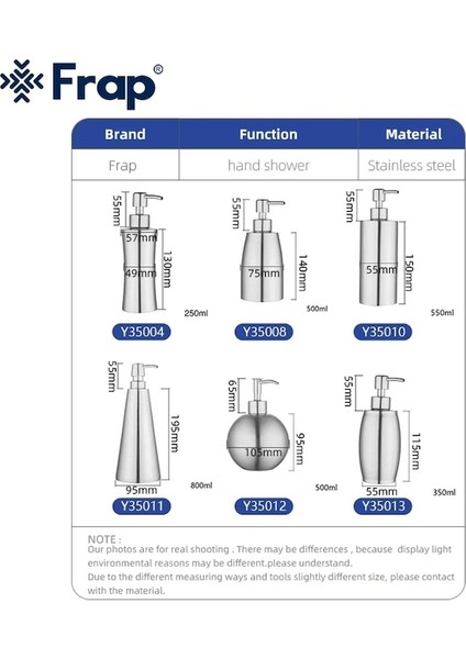 Y35010-FRAP Sıvı Sabunluklar Paslanmaz Çelik El Basın Sabunluk Banyo Aksesuarları Dispensador De Jabon Y Champu (Yurt Dışından) modelleri