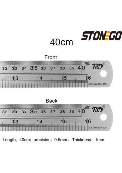 40CM Tarzı Stonego Paslanmaz Çelik Cetvel Inç Metal Cetveller, Yüksek Hassasiyetli Mezuniyet Çizgisi Çift Taraflı Terazi (Yurt Dışından)