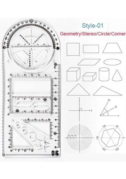 Stil-01 Stili Çok Fonksiyonlu Geometrik Cetvel Geometrik Çizim Şablonu Okul Öğrenci Ofis Mimarisi Için Ölçme Aracı Ölçme Kuralı (Yurt Dışından)