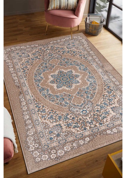 Amasra Bej Mavi Halı Yumuşak Oturma Odası Salon Çocuk Odası Mutfak Halısı P9086 200 x 290
