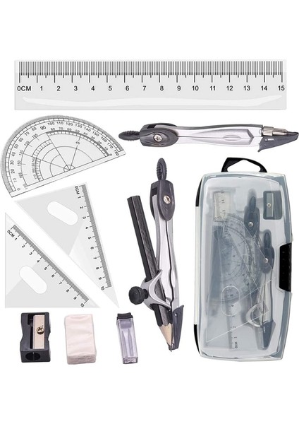 Gri Tarzı Geometri Pusula Seti Taşıma Çantasında Öğrenci Matematik ve Mühendislik Için Matematik Açıölçer Seti Cetveller (Yurt Dışından)