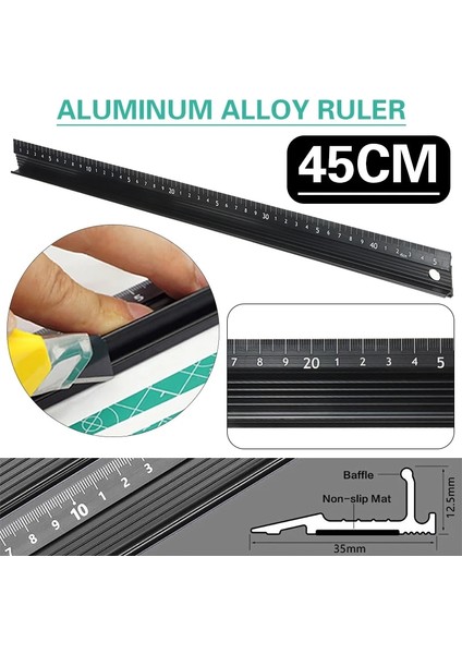 45CM Tarzı 45 cm Alüminyum Alaşımlı Cetvel Öğrenci Lazer Baskı Ölçeği Cetvel Milimetre Ölçeği Okul Sanat Zanaat Için Güvenlik Kesme Işaretleme (Yurt Dışından)