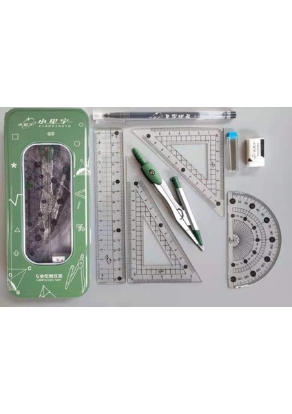 Yeşil Stil 8pcs-Pack Paslanmaz Çelik Pusula Seti Matematik Geometri Araçları Silgi Cetvel ile Öğrenci Marangoz Çizim Çizim Okul Malzemeleri (Yurt Dışından)